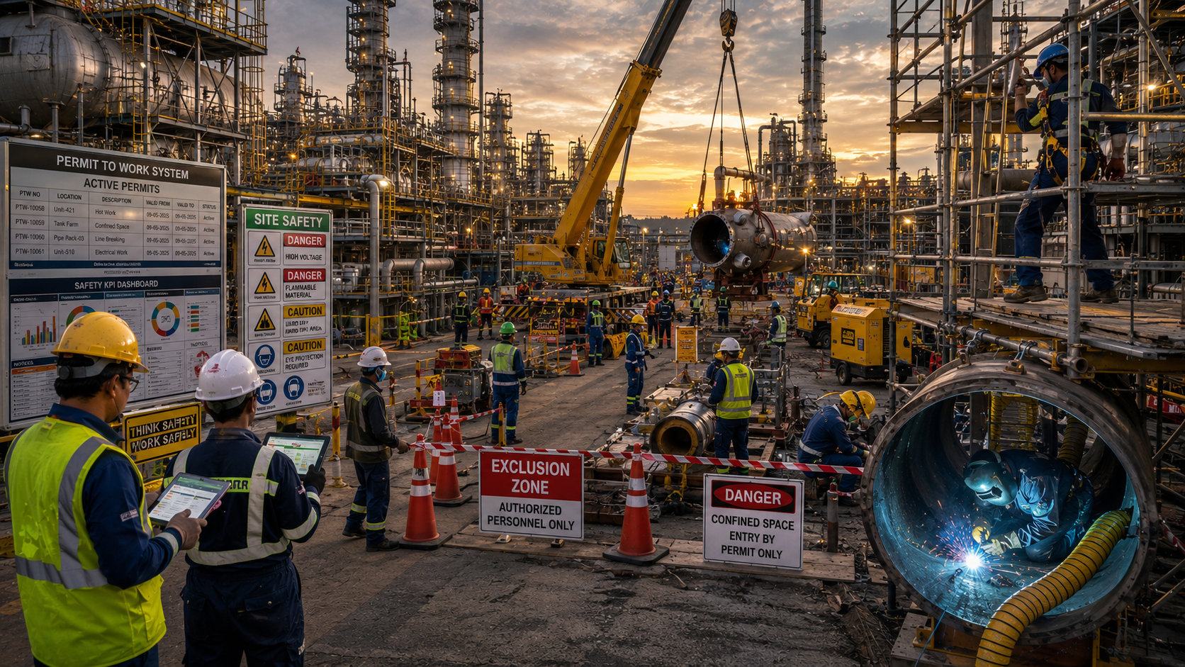 Industrial shutdown showing simultaneous operations and multiple safety hazards