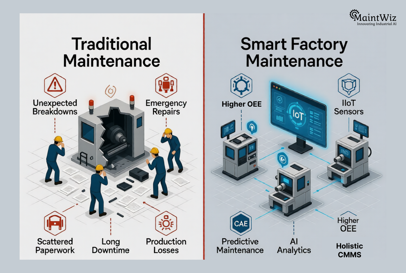 Traditional maintenance compared with IIoT CMMS smart maintenance strategy