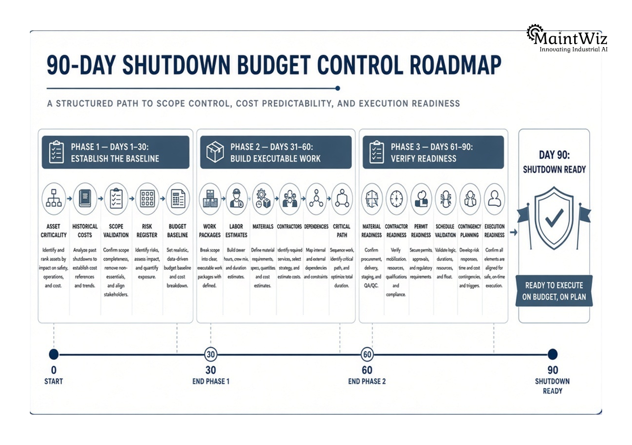 90-day shutdown preparation roadmap covering budget baseline, work packages, resources and execution readiness