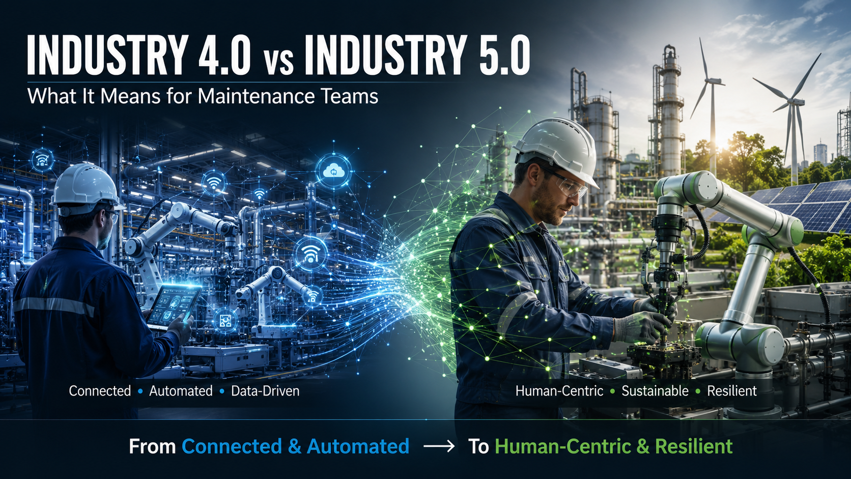 Industry 4.0 vs Industry 5.0 maintenance teams comparing automated connected machinery with human-machine collaboration