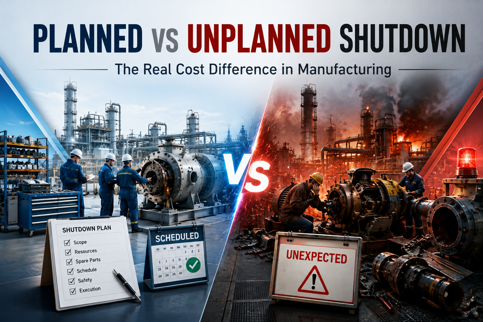 Planned versus unplanned shutdown cost comparison showing controlled maintenance costs and cascading emergency downtime impacts.