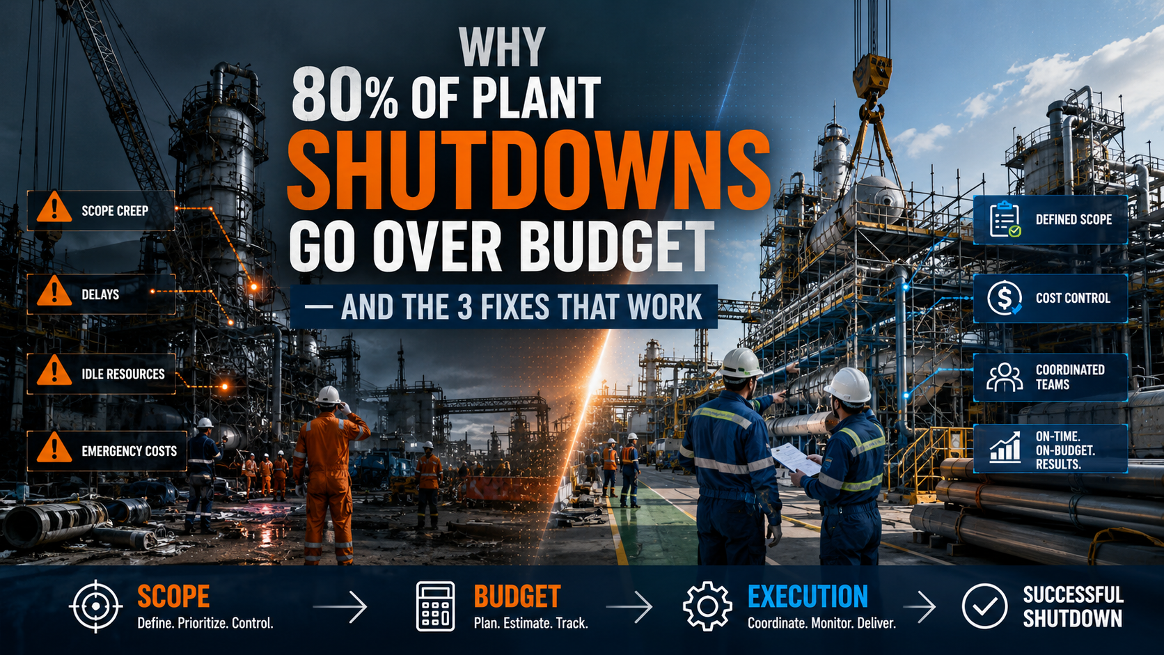Plant shutdown budget overrun prevention showing scope, budget, and execution controls