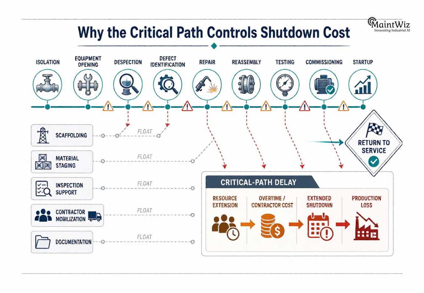 Critical path shutdown sequence showing how delays increase contractor, overtime and production costs