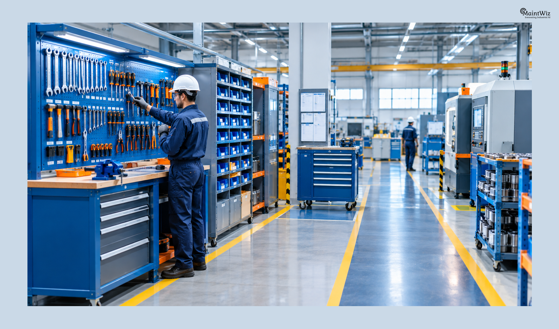 Visual management and organized tools in a 5S manufacturing workplace