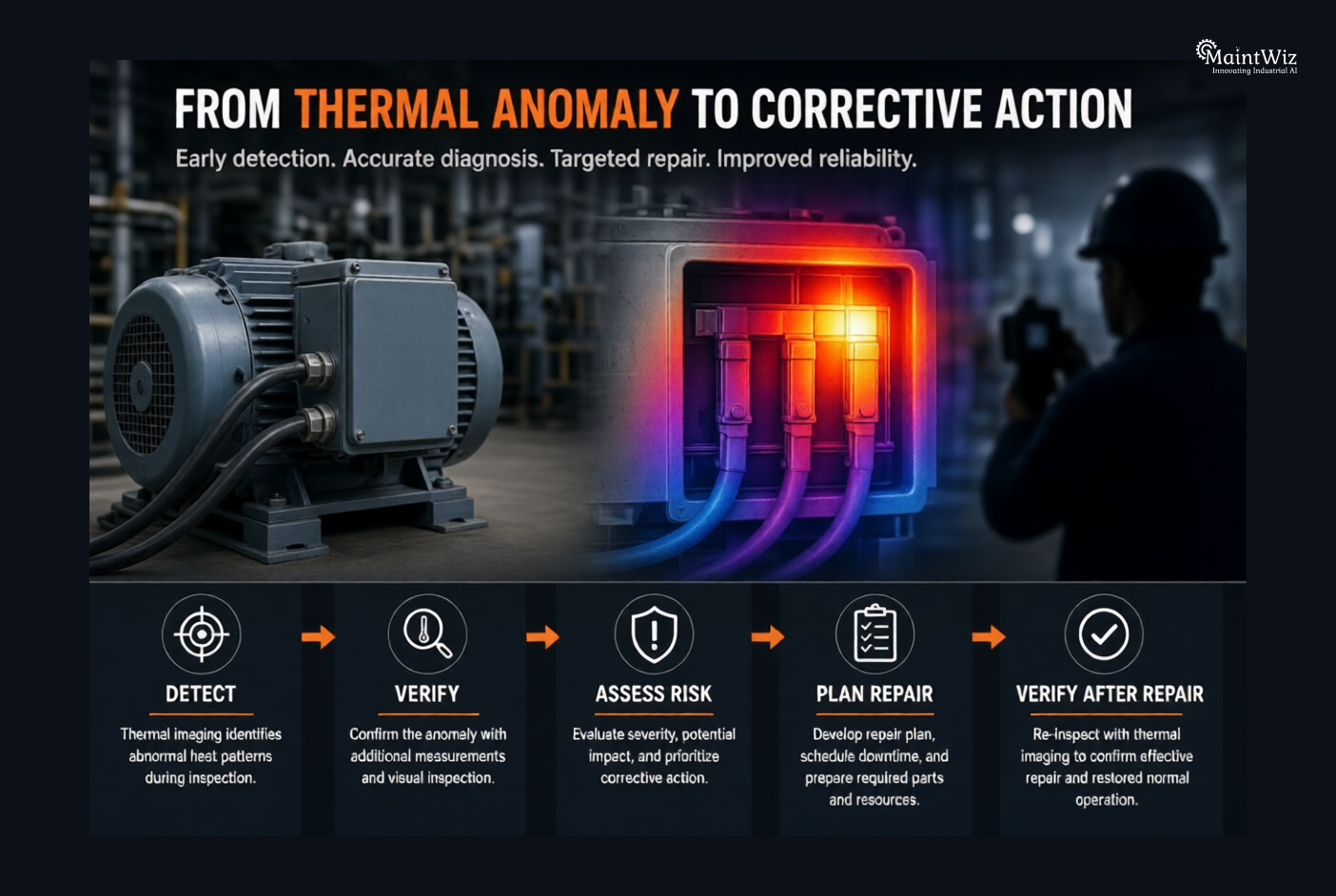 Infrared thermography heat map showing abnormal equipment temperature progressing to maintenance action.
