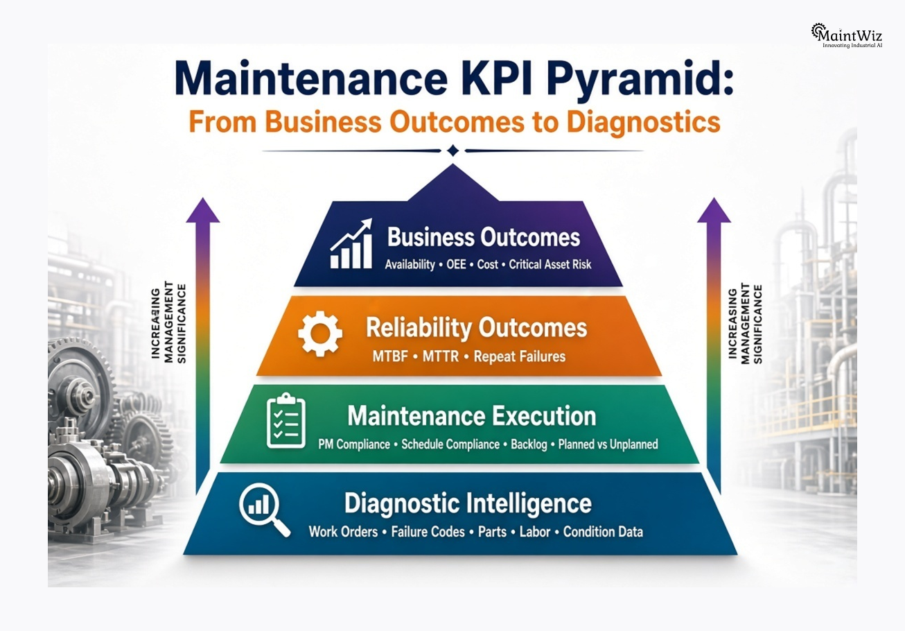 Maintenance KPI pyramid from diagnostic data to reliability and business outcomes
