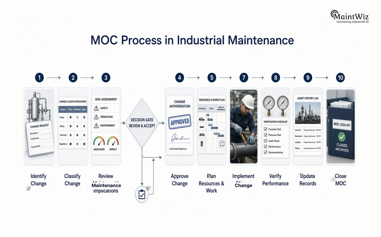 Industrial maintenance MOC process from change identification through approval, implementation, verification, and closure