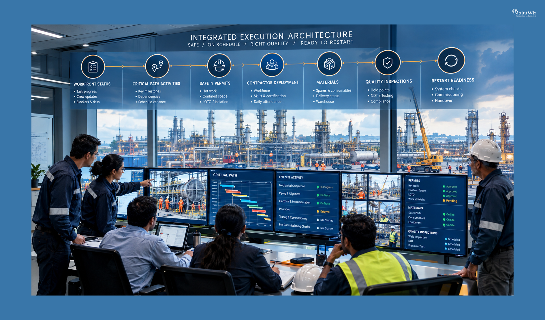 Industrial shutdown control room coordinating maintenance execution