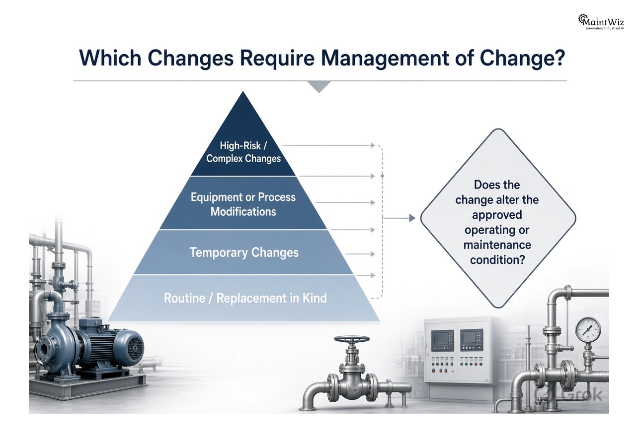 MOC decision pyramid distinguishing routine replacements, temporary changes, modifications, and high-risk changes