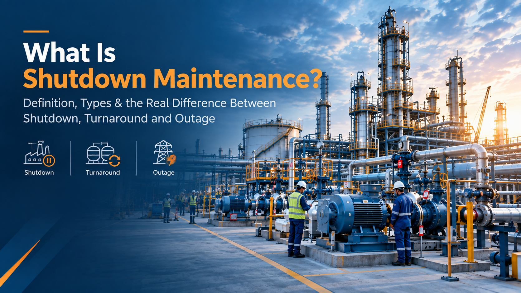 Planned industrial plant shutdown maintenance with engineers inspecting equipment